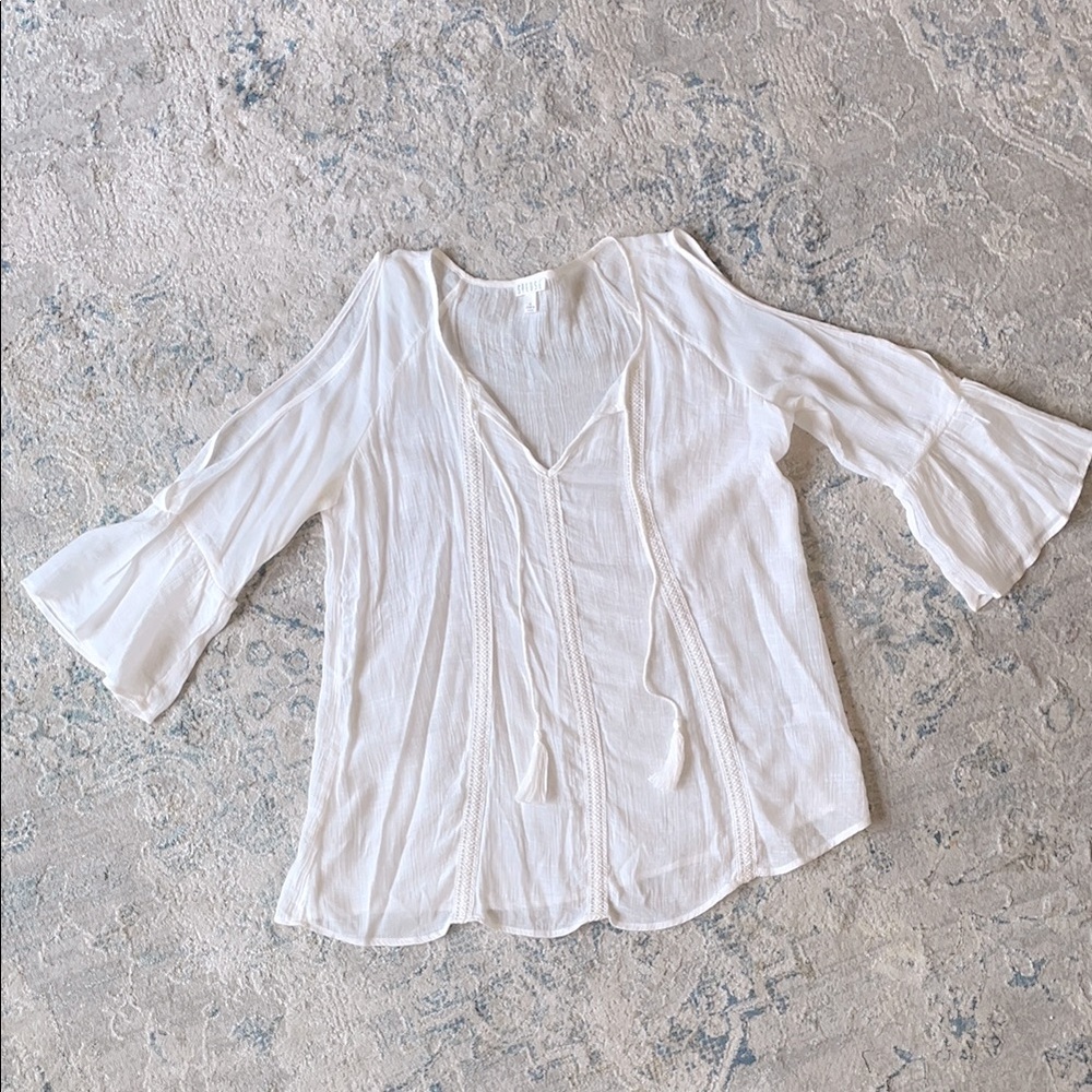 Spense White Cold Shoulder Bell Sleeve Blouse withTie Front